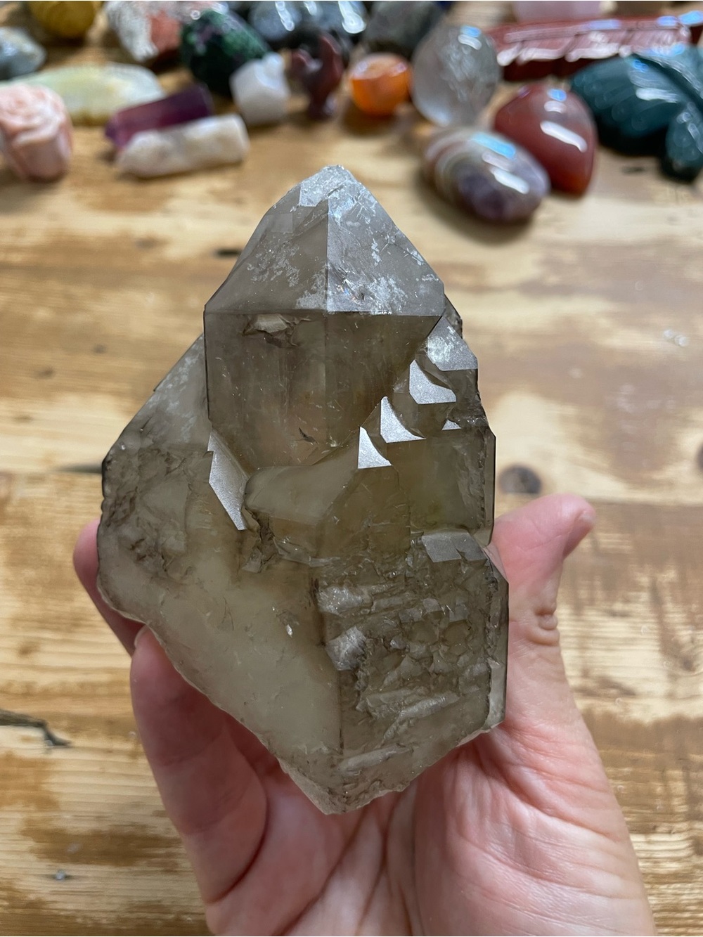 Large elestial smoky quartz point self stands